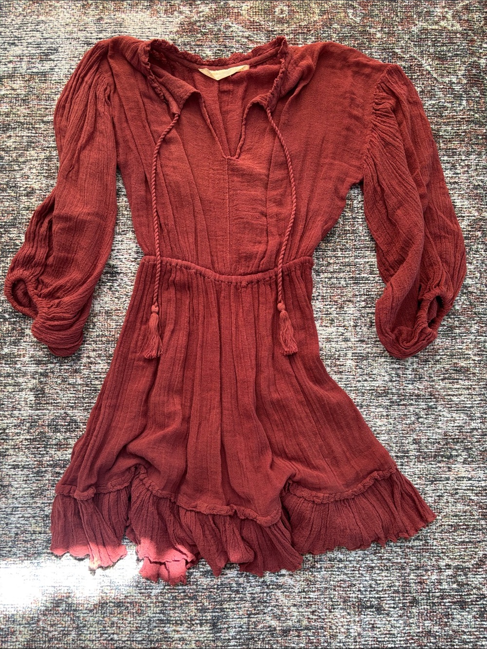 Textured Rust Red Peasant Dress with Tassel Tie